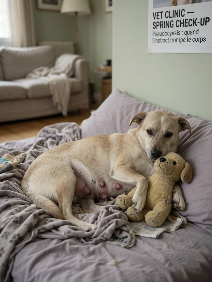Female dog cradling a soft toy protectively on rumpled bedding, displaying enlarged mammary glands and nesting behaviour typical of false pregnancy