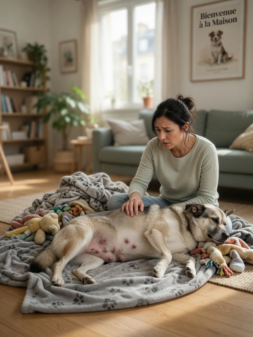 Dog owner examining her intact female dog showing signs of false pregnancy with enlarged mammary glands and nesting behaviour