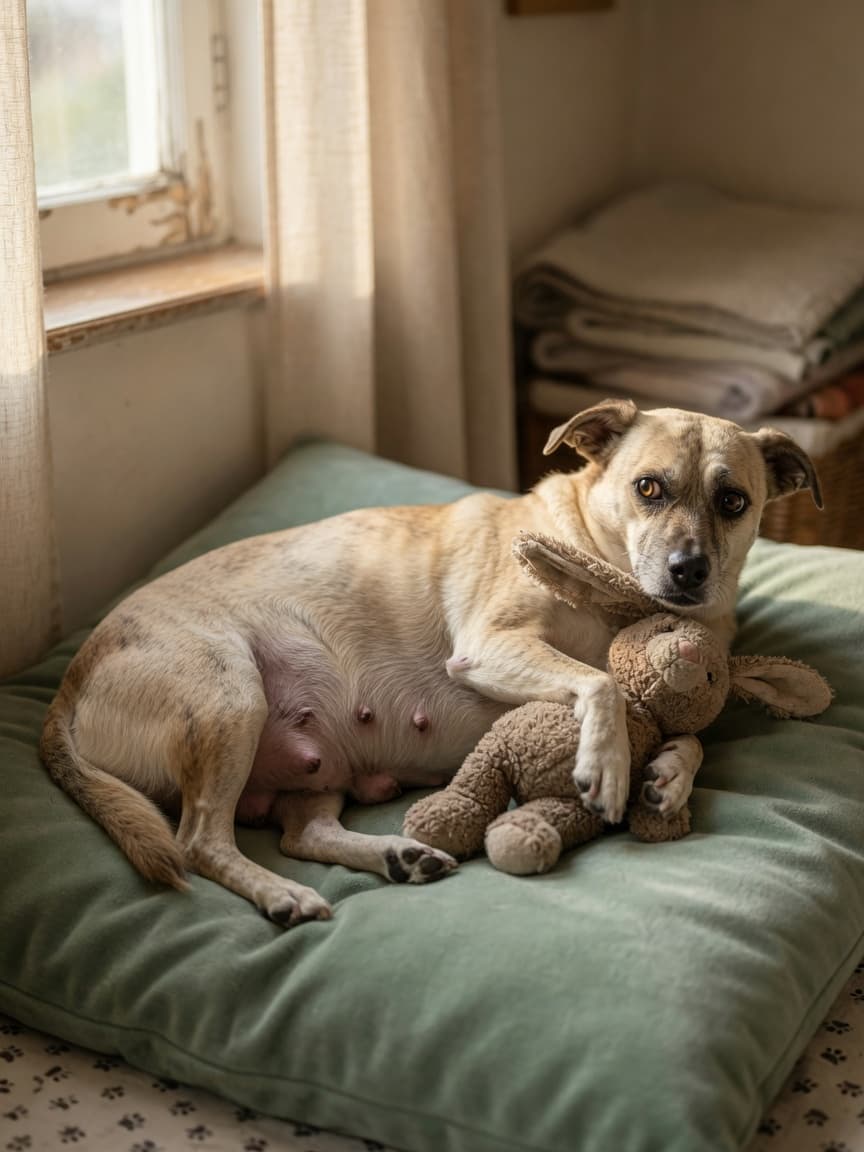 Anxious female dog nesting and mothering a toy while displaying signs of false pregnancy