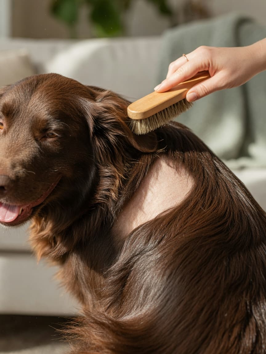 Close-up of a dog's shiny, healthy coat being brushed, showing the positive effects of proper dietary fat intake