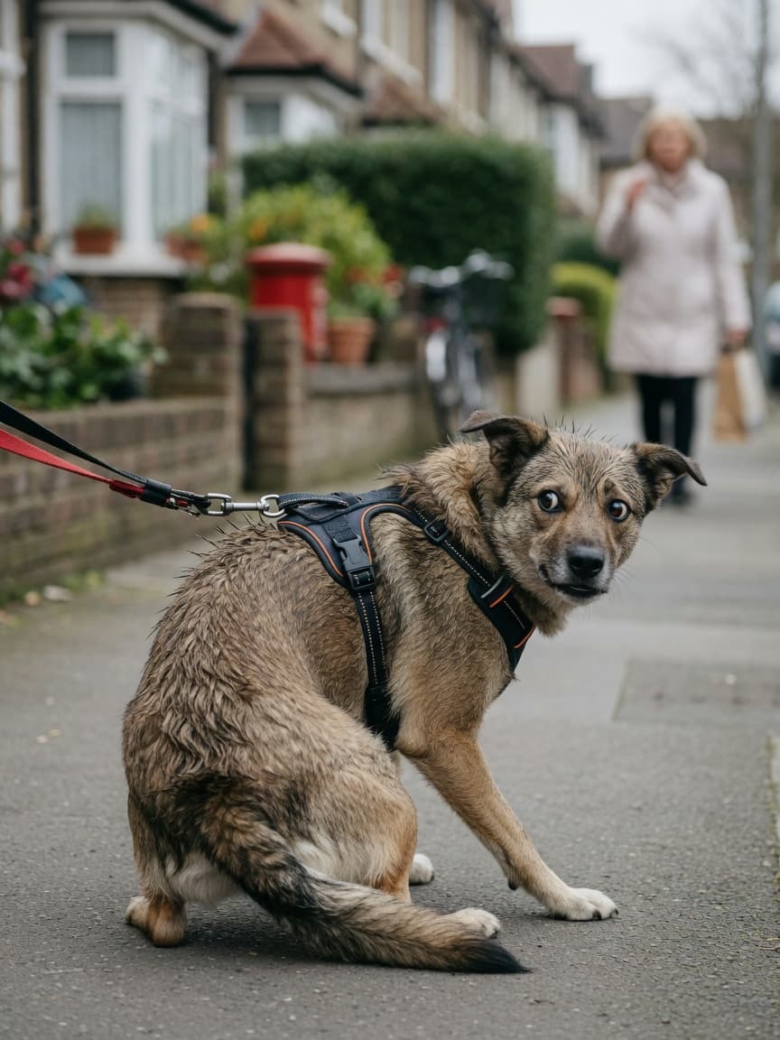 A fearful dog on lead recoiling with tucked tail, flattened ears, raised hackles and whale eye expression during a walk as an unfamiliar person approaches in the blurred background