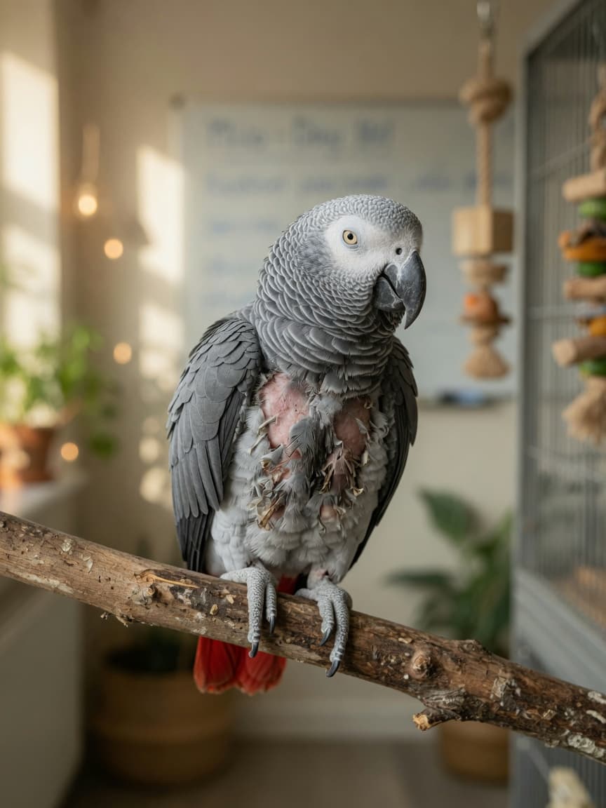 African grey parrot with visible feather damage and bald patches on chest and flanks, head feathers intact, showing signs of feather plucking