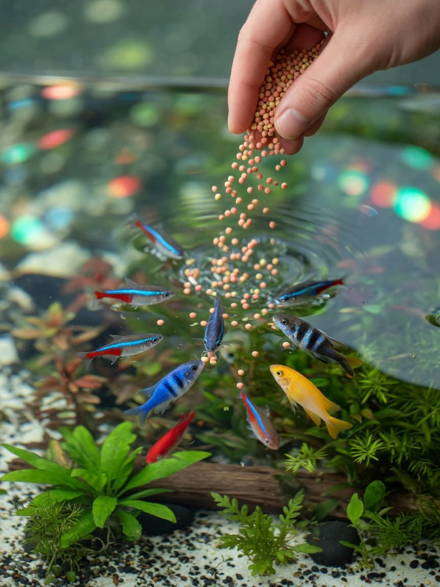 Hand feeding colorful aquarium fish with pellets during morning feeding time
