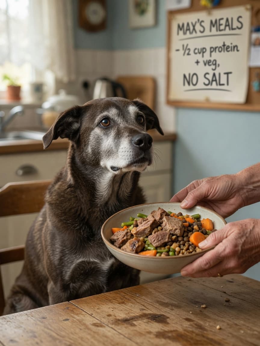 Senior dog receiving a carefully portioned meal from owner's hands, emphasizing nutritional care in aging pets