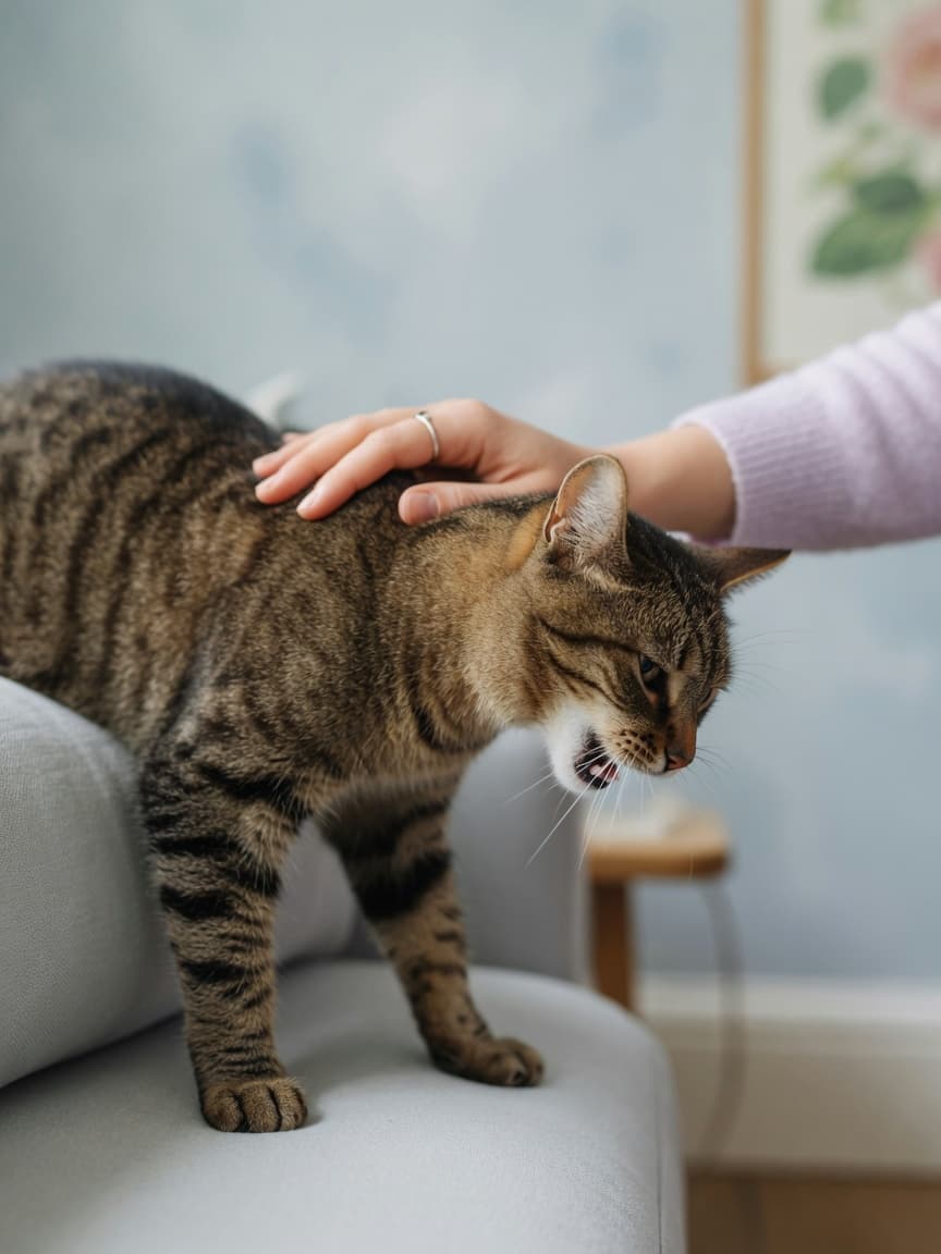 Tabby cat coughing with extended neck and elbows out, showing classic feline asthma posture, with owner's hand on its back