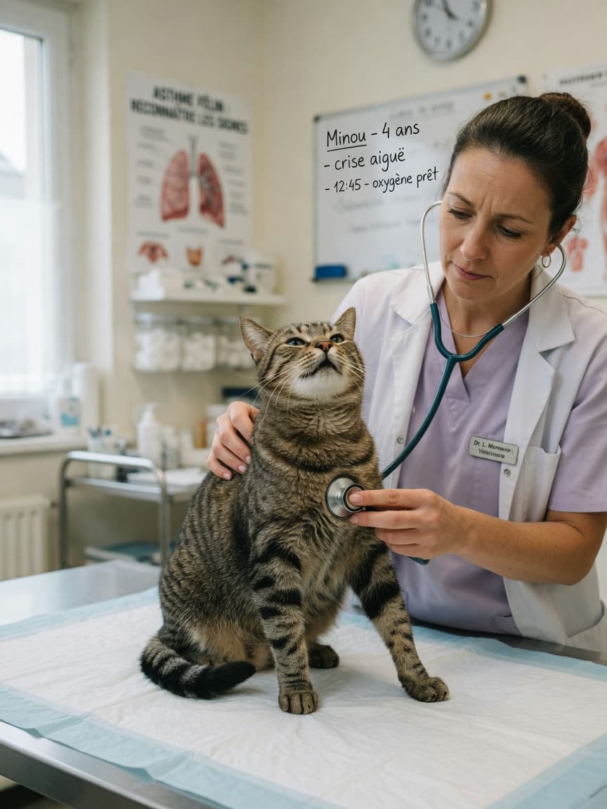 Veterinarian examining a struggling tabby cat with a stethoscope during an asthma attack