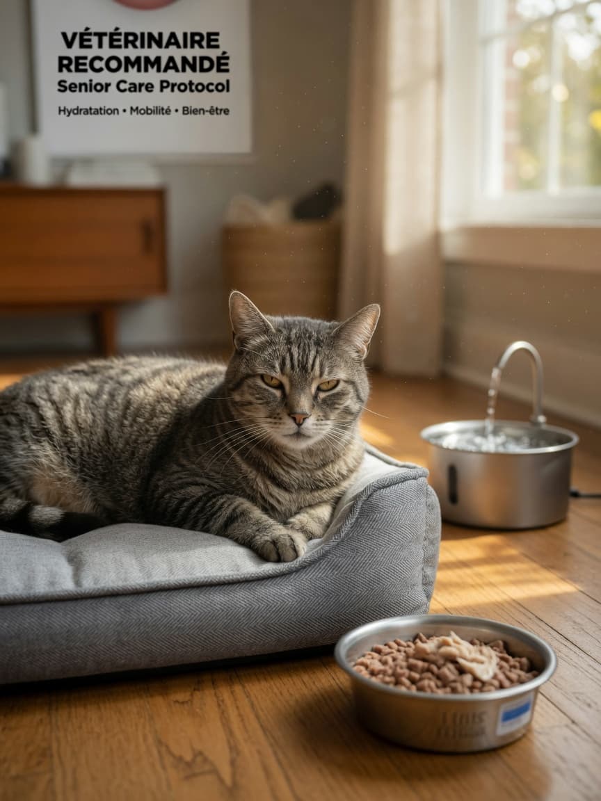 Senior tabby cat resting on orthopedic bed with water fountain and wet food bowl nearby in warm home setting