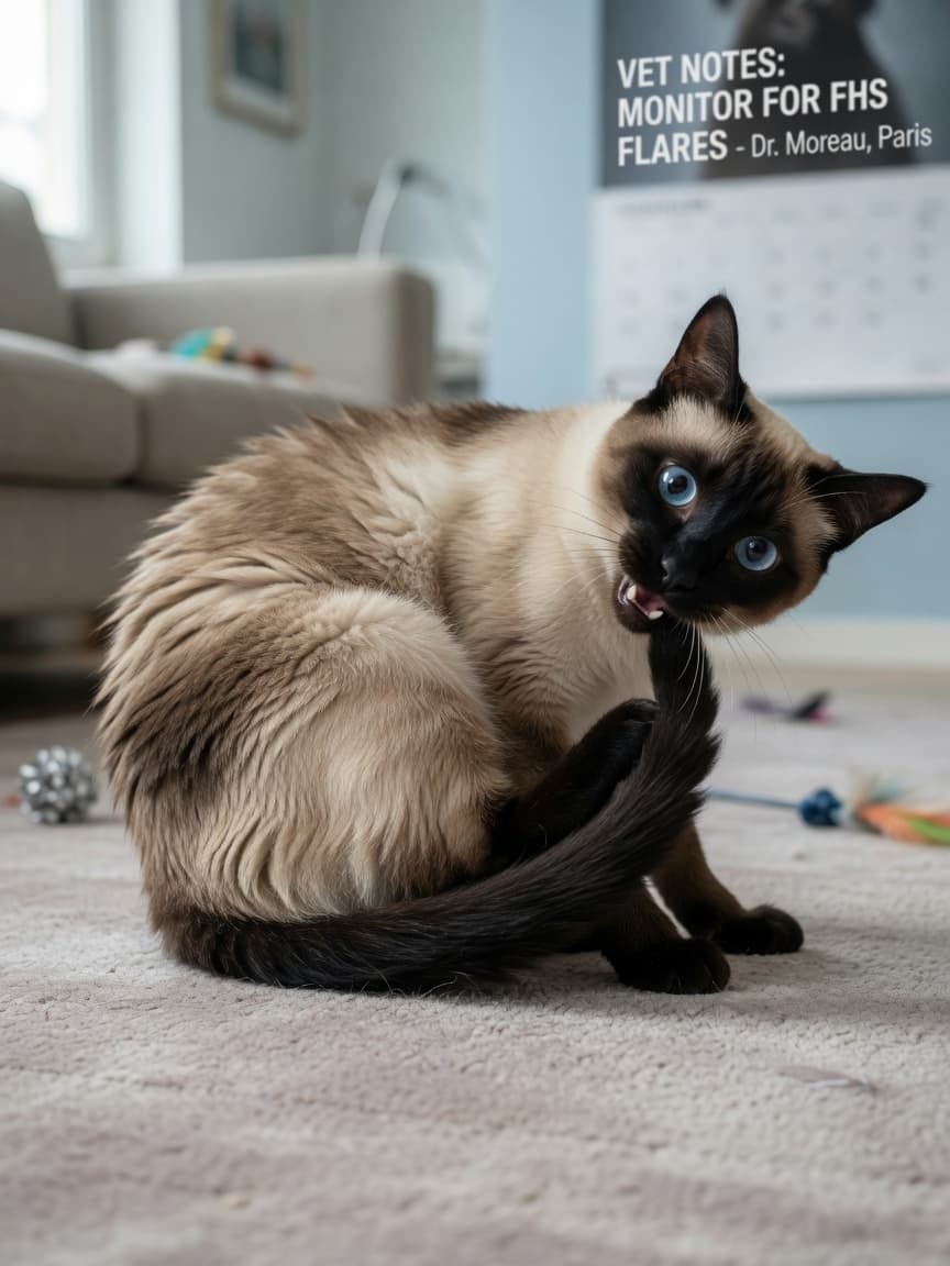 Siamese cat experiencing a Feline Hyperaesthesia Syndrome episode with visible skin rippling along the lower back and dilated pupils