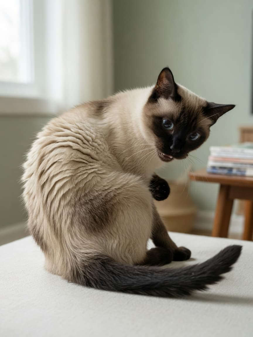 Siamese cat experiencing feline hyperaesthesia syndrome with visible skin rippling along the back and dilated pupils, showing behavioral distress