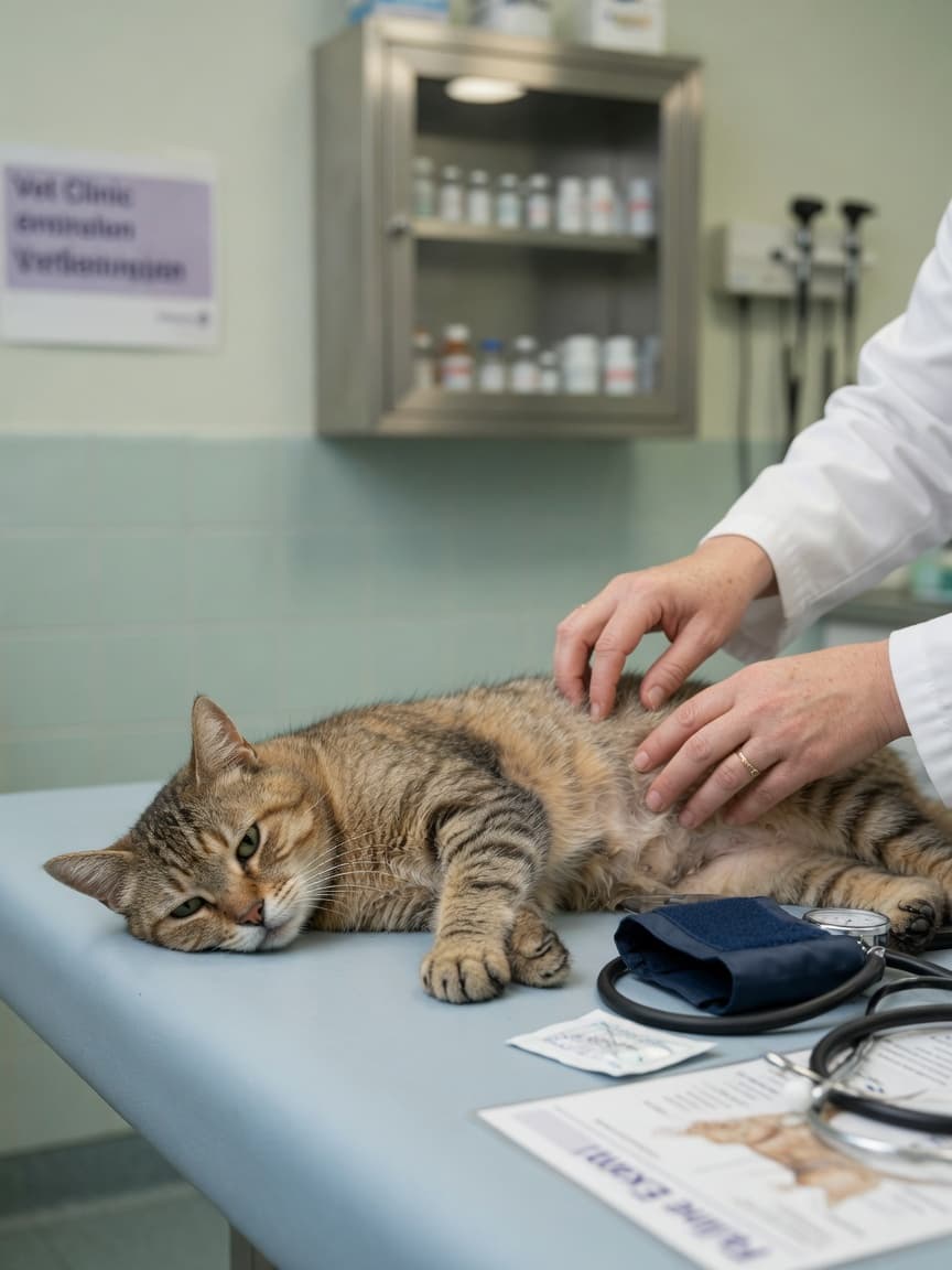 Veterinarian examining a senior tabby cat's abdomen during an adrenal condition assessment