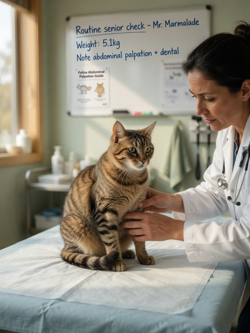 Veterinarian performing abdominal palpation examination on middle-aged tabby cat during diagnostic assessment