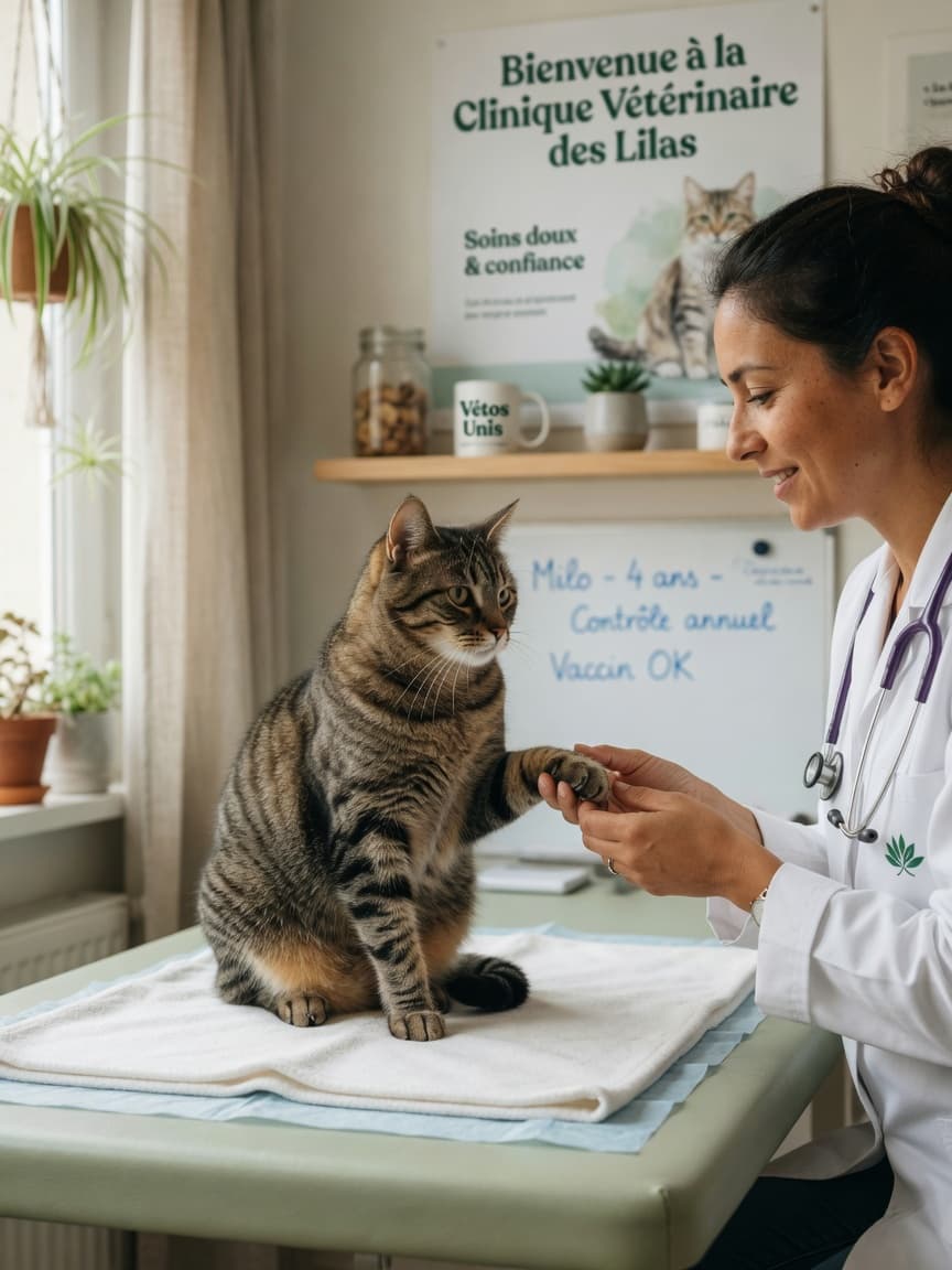 Veterinarian reassuringly holding paw of healthy tabby cat during examination, emphasizing compassionate FIV diagnosis care
