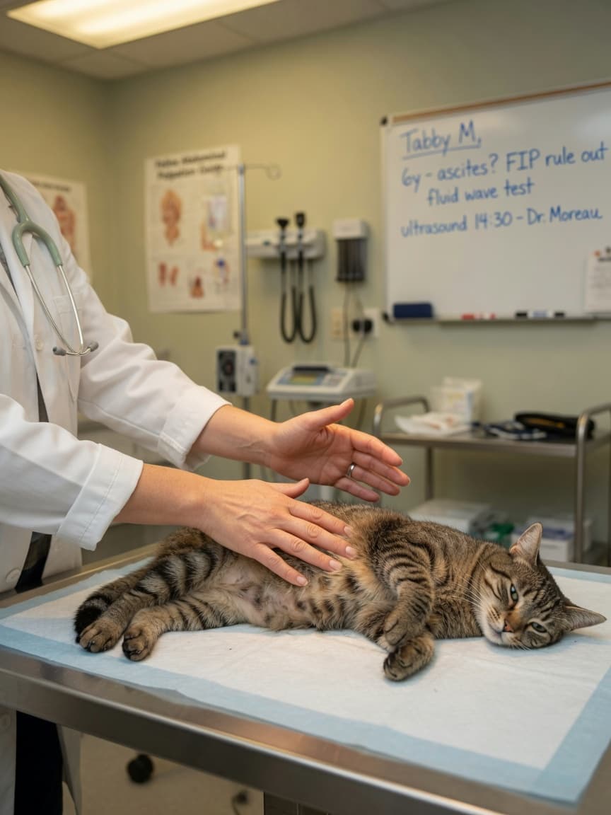Veterinarian examining a sick tabby cat on an examination table, palpating the abdomen to assess for FIP symptoms