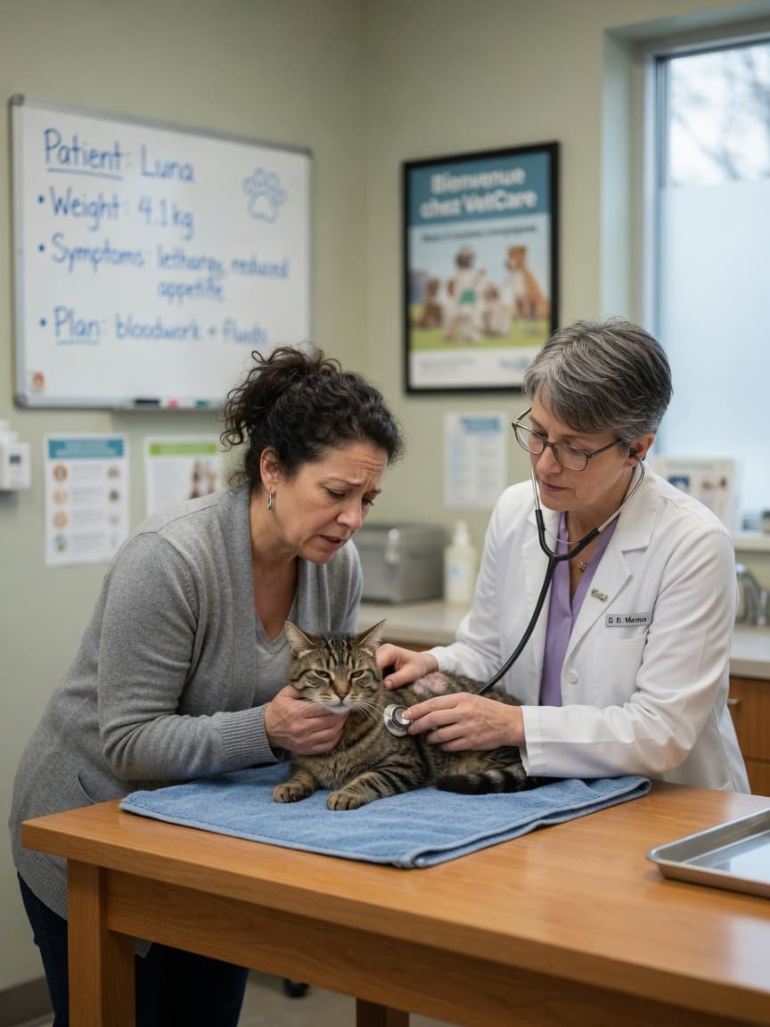 Veterinarian examining a tabby cat while owner watches in clinic setting