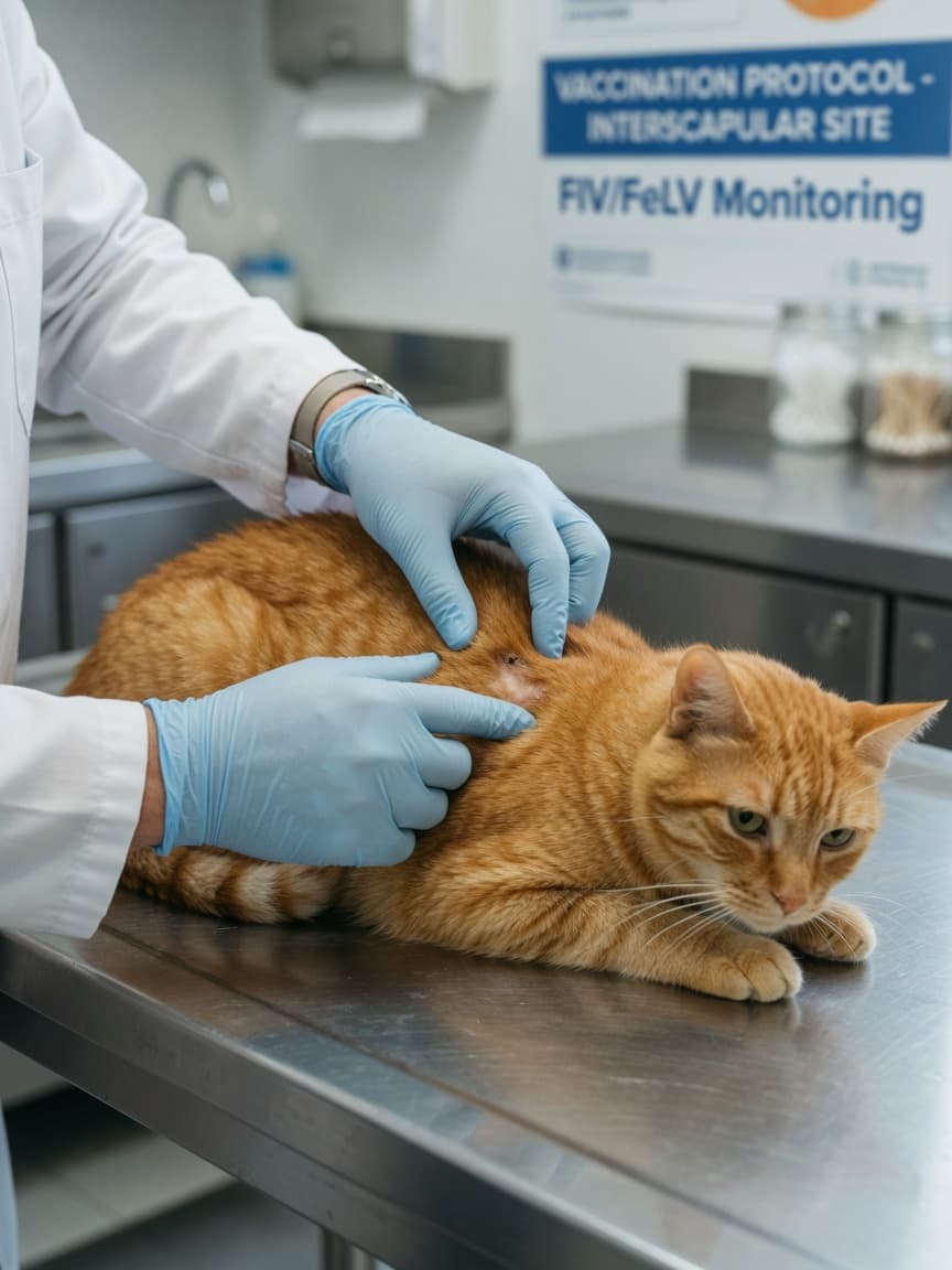 Veterinarian performing clinical examination of injection site sarcoma on orange tabby cat's shoulder