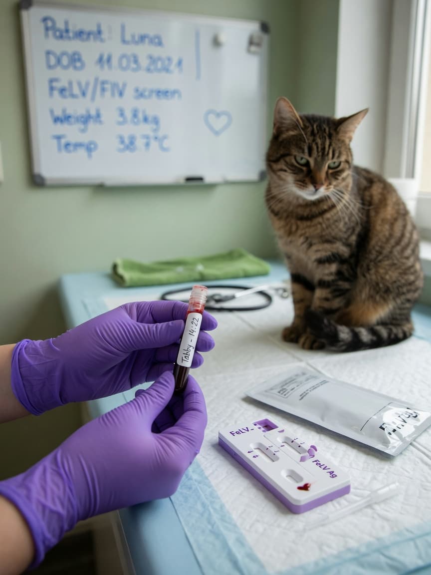 Veterinarian holding blood sample vial and FeLV test kit during feline leukaemia testing procedure