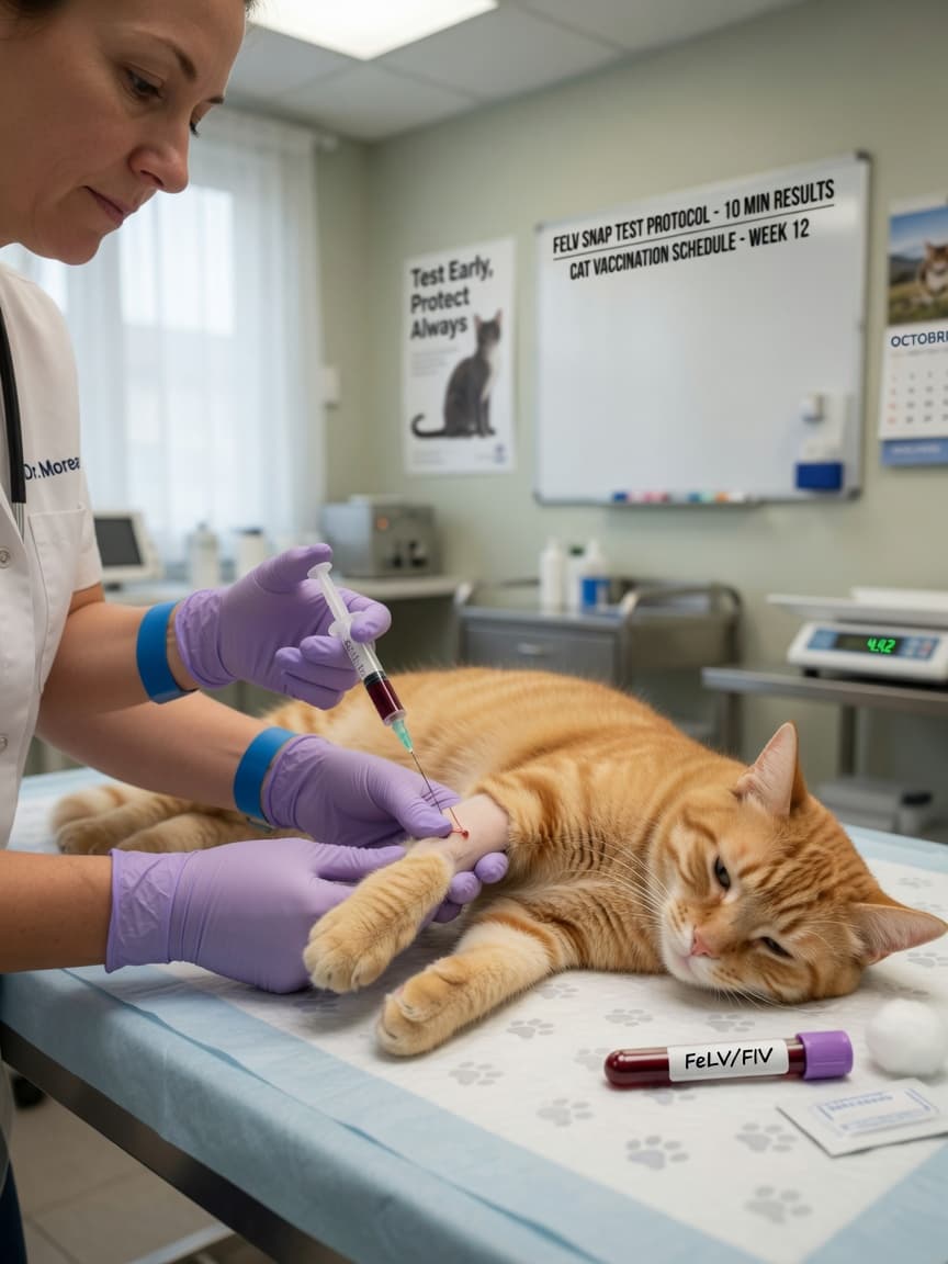 Veterinarian drawing blood from an orange tabby cat for FeLV testing on a clinic examination table