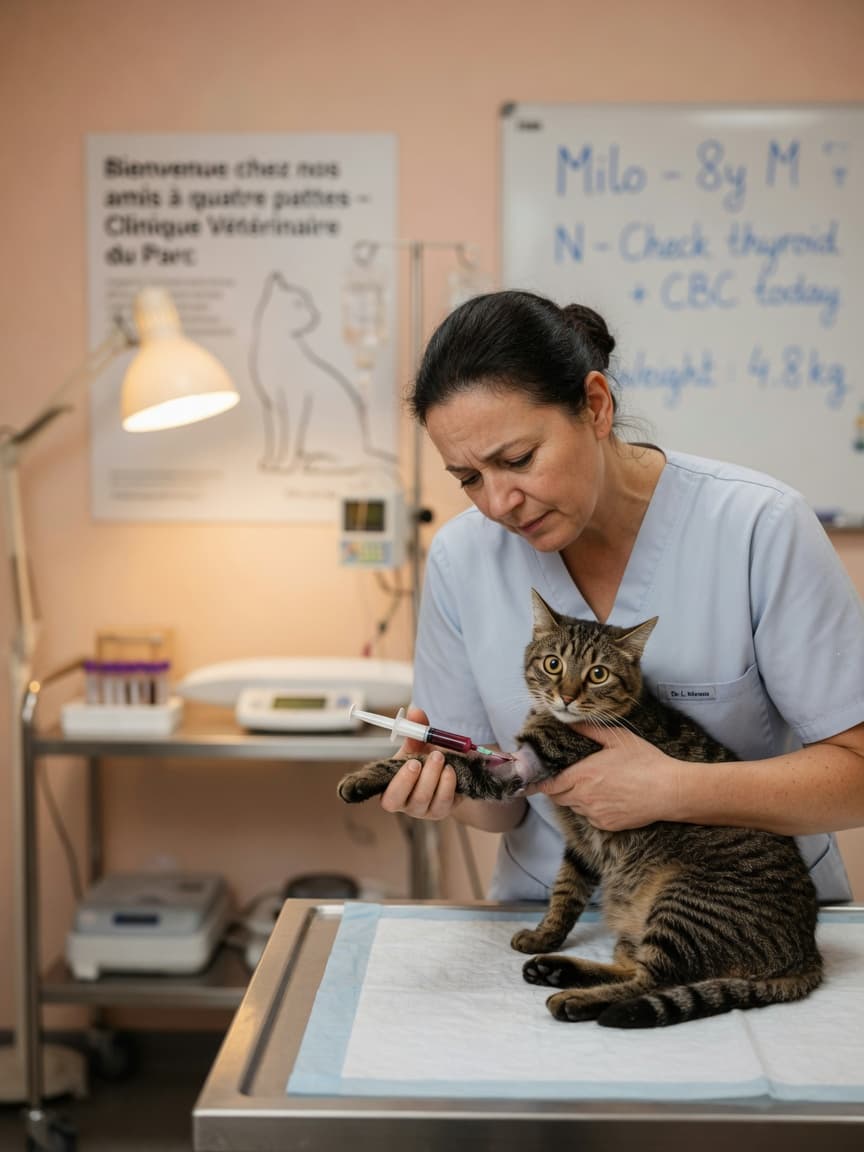 Veterinarian performing blood test on tabby cat for FeLV diagnosis at modern clinic