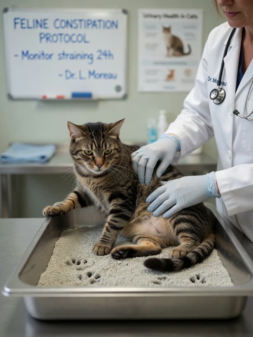 Veterinarian gently examining a tabby cat in a litter box showing signs of urinary distress during a clinical examination