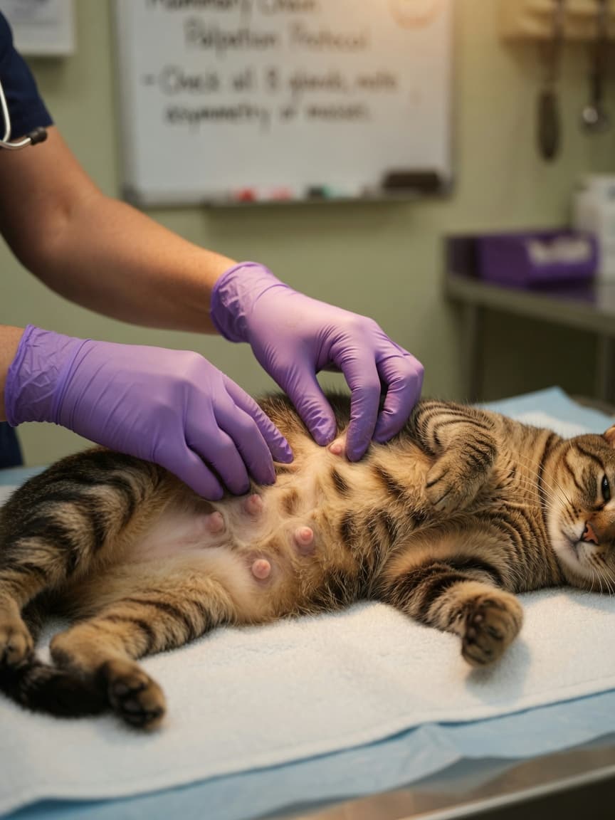 Veterinarian's gloved hands performing a mammary gland examination on a relaxed tabby cat lying on its side