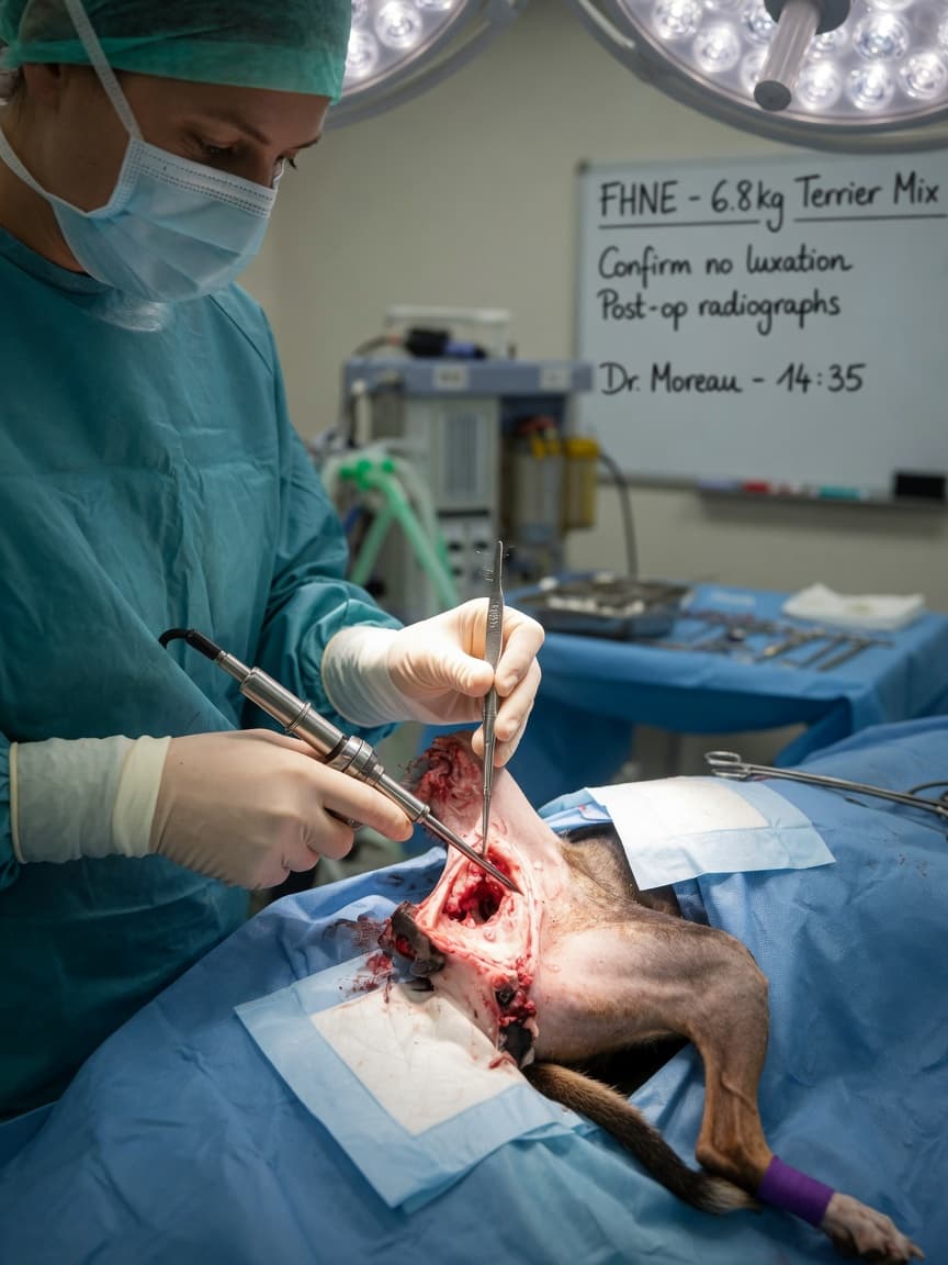 Veterinary surgeon performing FHNE hip surgery on a small dog under surgical lights