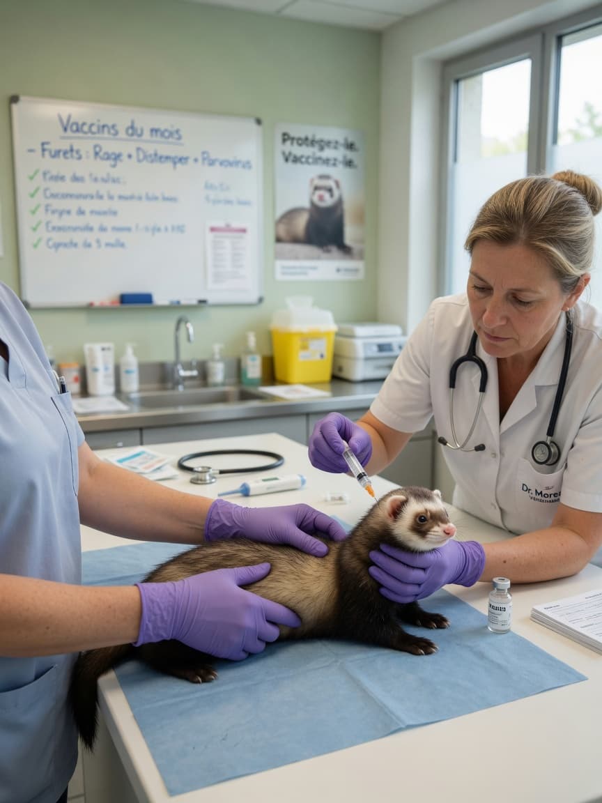 Veterinarian administering ferret vaccination in a bright European clinic
