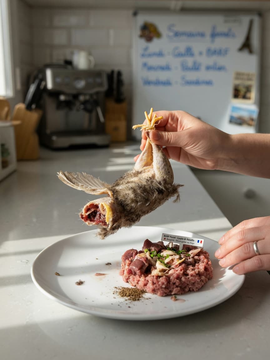 Hands presenting raw quail and commercial ferret food on a white plate in natural kitchen light