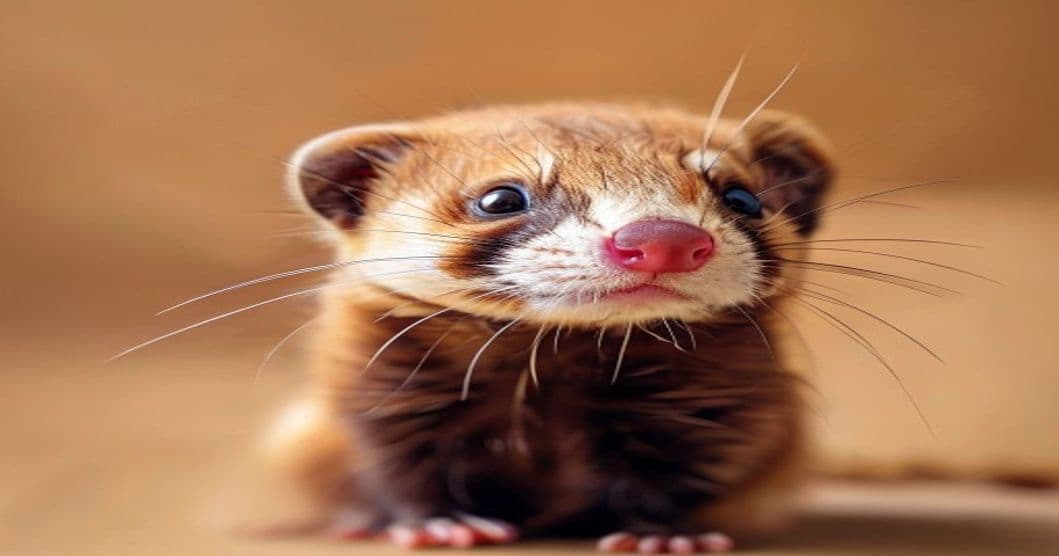 Veterinarian and ferret owner examining a sable ferret's tail for signs of hair loss during a health check