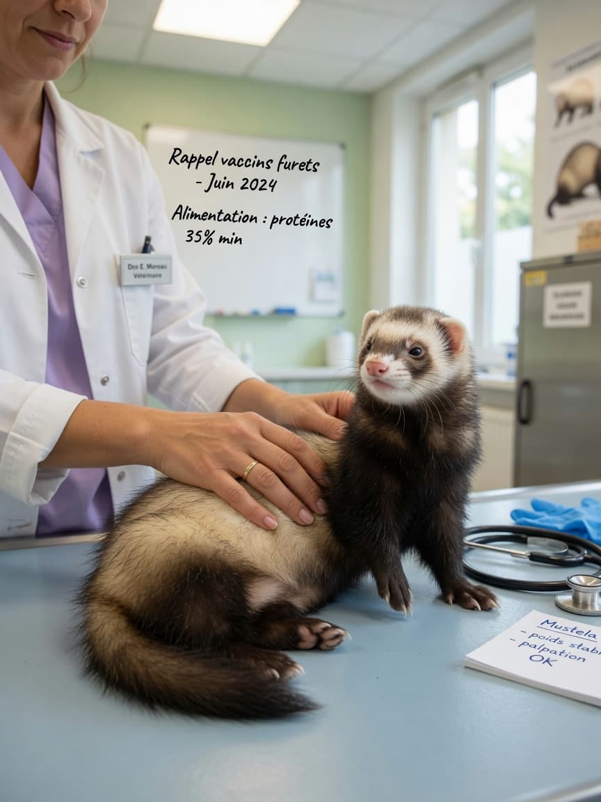 Veterinarian examining a healthy ferret during a routine health check-up