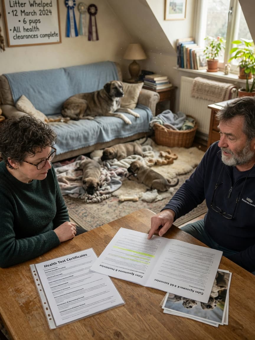 Prospective dog buyer reviewing health certificates and contracts with a responsible breeder in a home environment with mother dog and puppies visible in the background