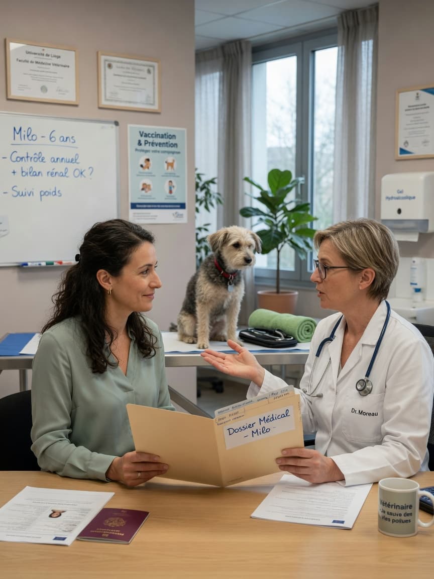 Pet owner consulting with a European veterinarian while holding medical records during a clinic appointment