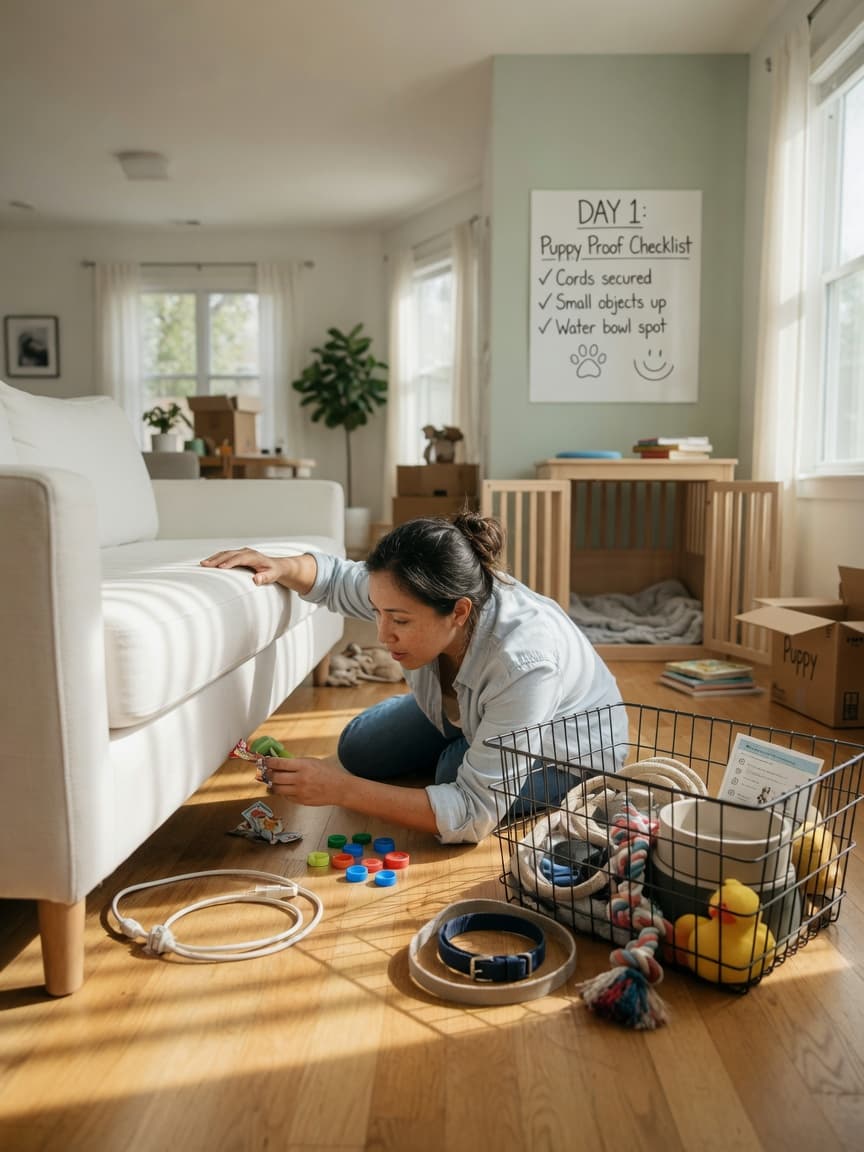 First-time dog owner on hands and knees inspecting a living room from dog's eye level, removing hazards and checking for puppy-proofing needs