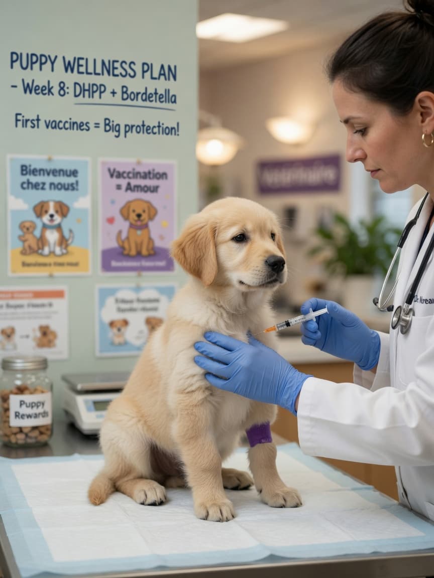 Veterinarian administering first vaccination to young puppy on examination table during first vet visit