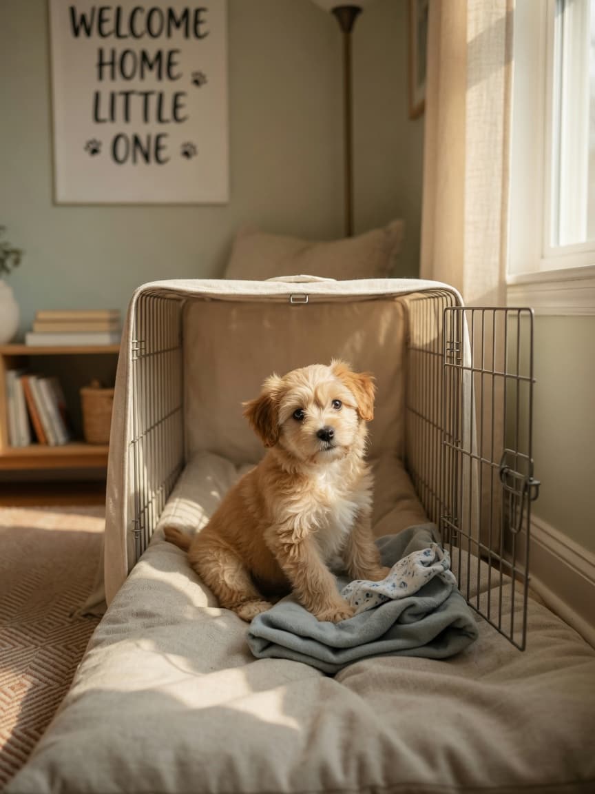 A curious puppy in a safe, crate-based space on its first day home