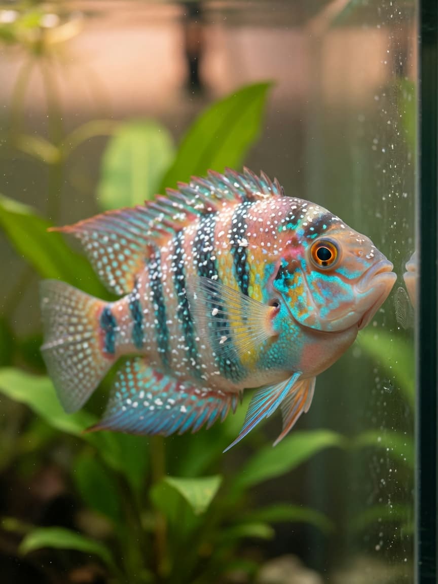 Tropical fish with white spot disease showing visible white granular spots on body and fins, displaying stress behaviors