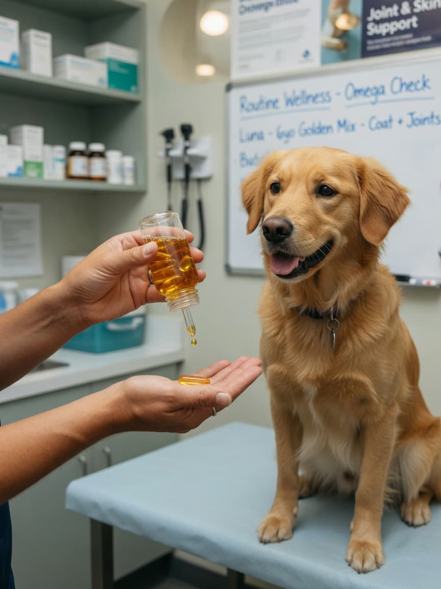Veterinarian demonstrating fish oil supplement dosing with a healthy dog during a consultation