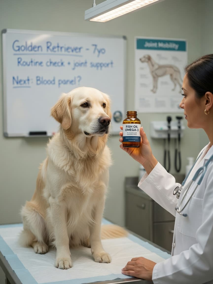 Veterinarian examining fish oil supplement bottle with golden retriever on examination table