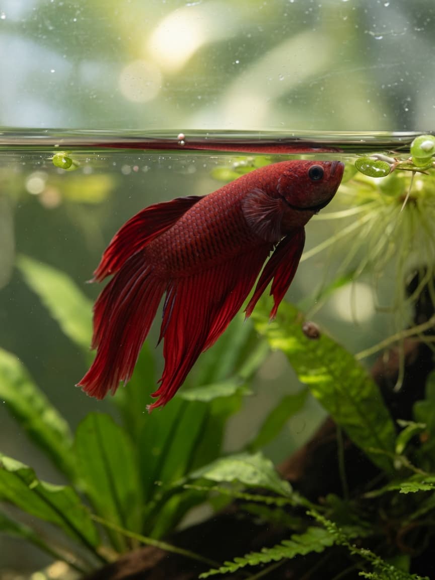 A red betta fish floating at an angle near the surface of an aquarium, showing signs of swim bladder dysfunction with visible abdominal distension.