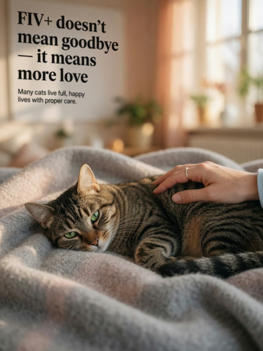An FIV-positive cat resting peacefully on a soft blanket with its owner's hand gently stroking it, bathed in warm window light, symbolizing hope and quality of life despite diagnosis.