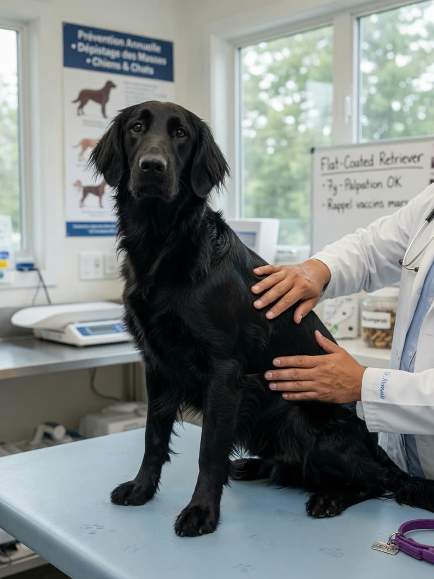 Flat-Coated Retriever undergoing monthly health check with veterinarian in bright clinic room