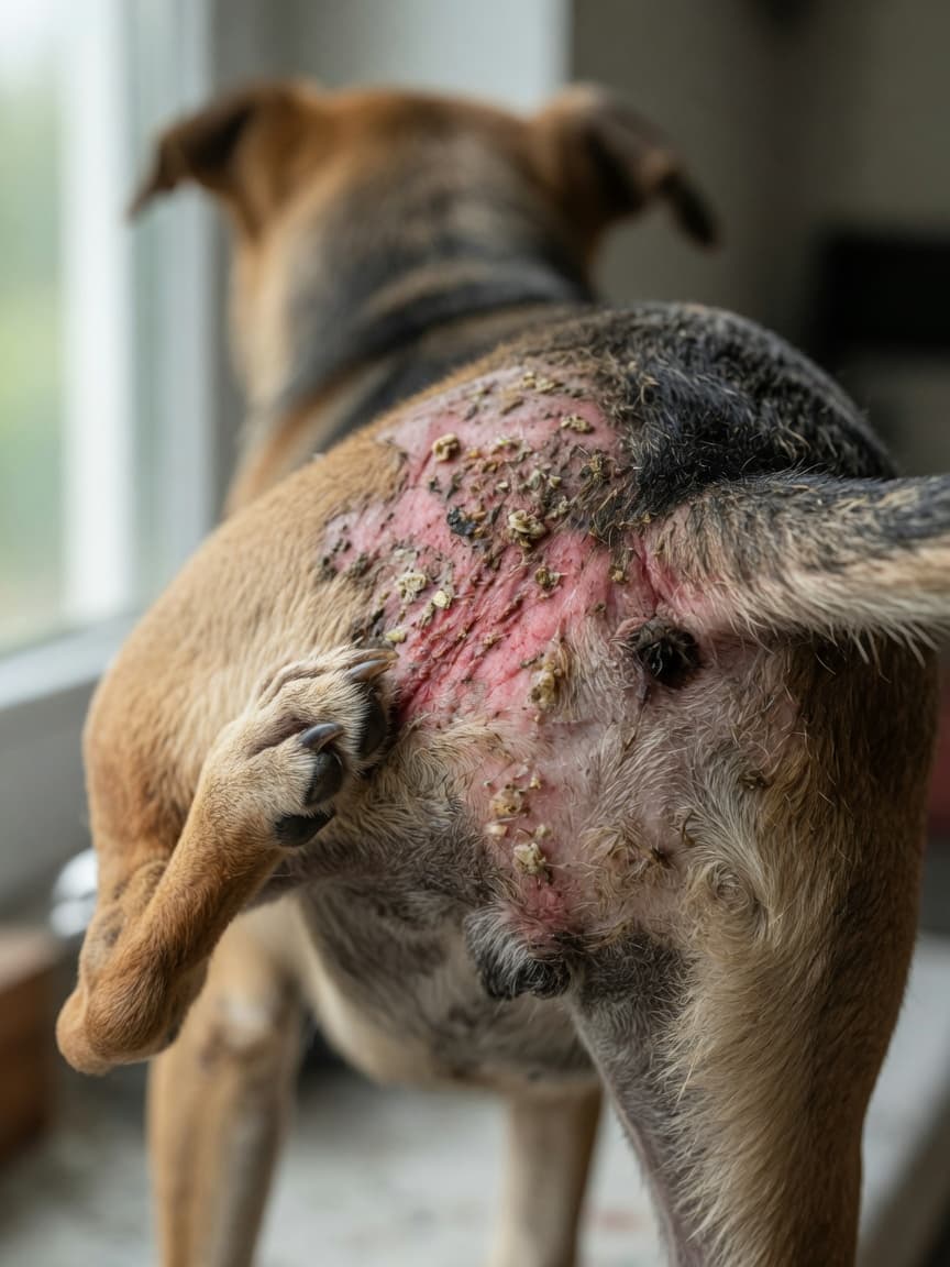 Close-up of dog's rear body showing red, irritated skin and hair loss from flea allergy dermatitis scratching