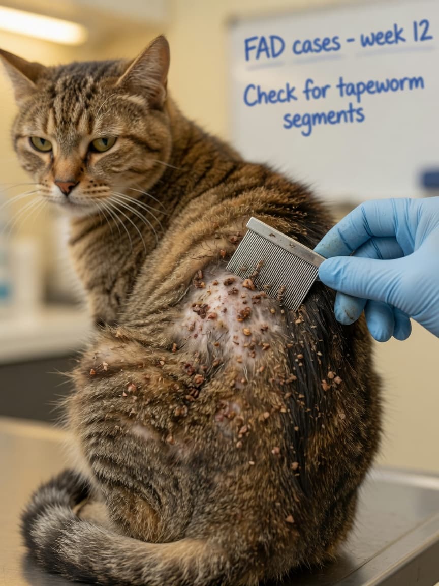 Veterinarian examining a tabby cat's inflamed skin with flea allergy dermatitis, using a fine-toothed comb to check for flea dirt