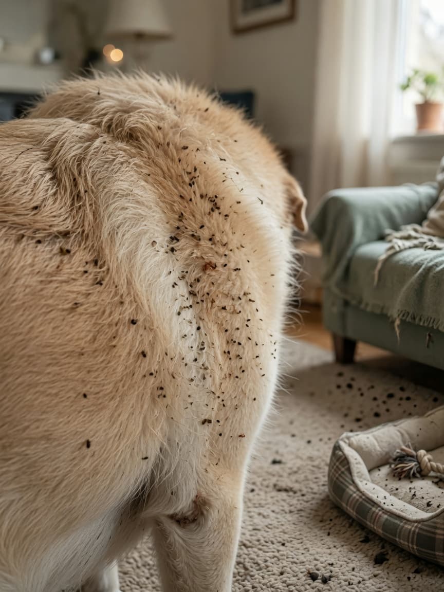 Close-up of dog's coat showing flea dirt and scattered fleas, with blurred home interior (carpet and furniture) in background emphasizing the 95% of fleas living in the environment