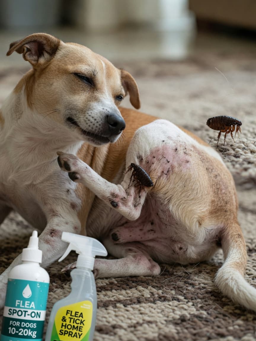 Close-up of a dog scratching at its fur with a visible flea on its skin, with flea treatment products nearby and a flea visible in carpet fibers