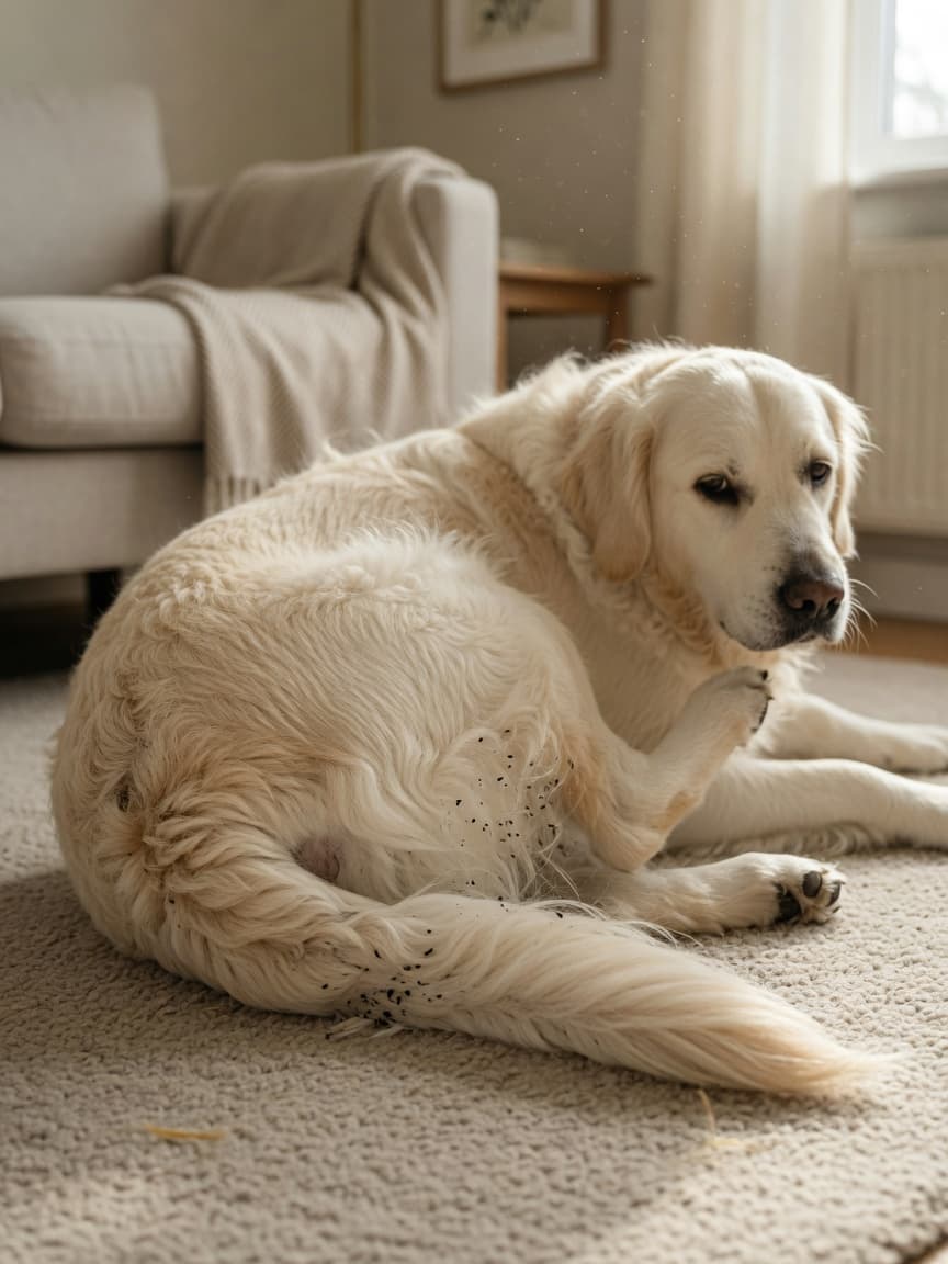 Golden Retriever with visible flea dirt in coat lying on carpet, showing signs of discomfort