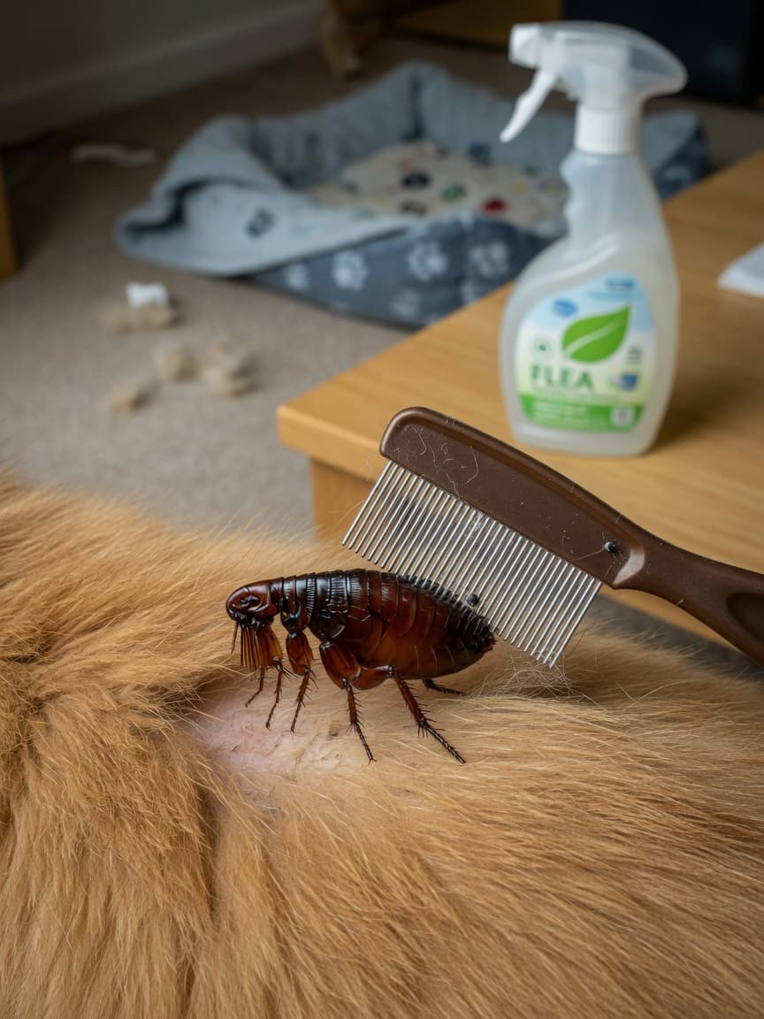 Close-up of a flea being combed from pet fur with a household flea spray bottle visible in the background