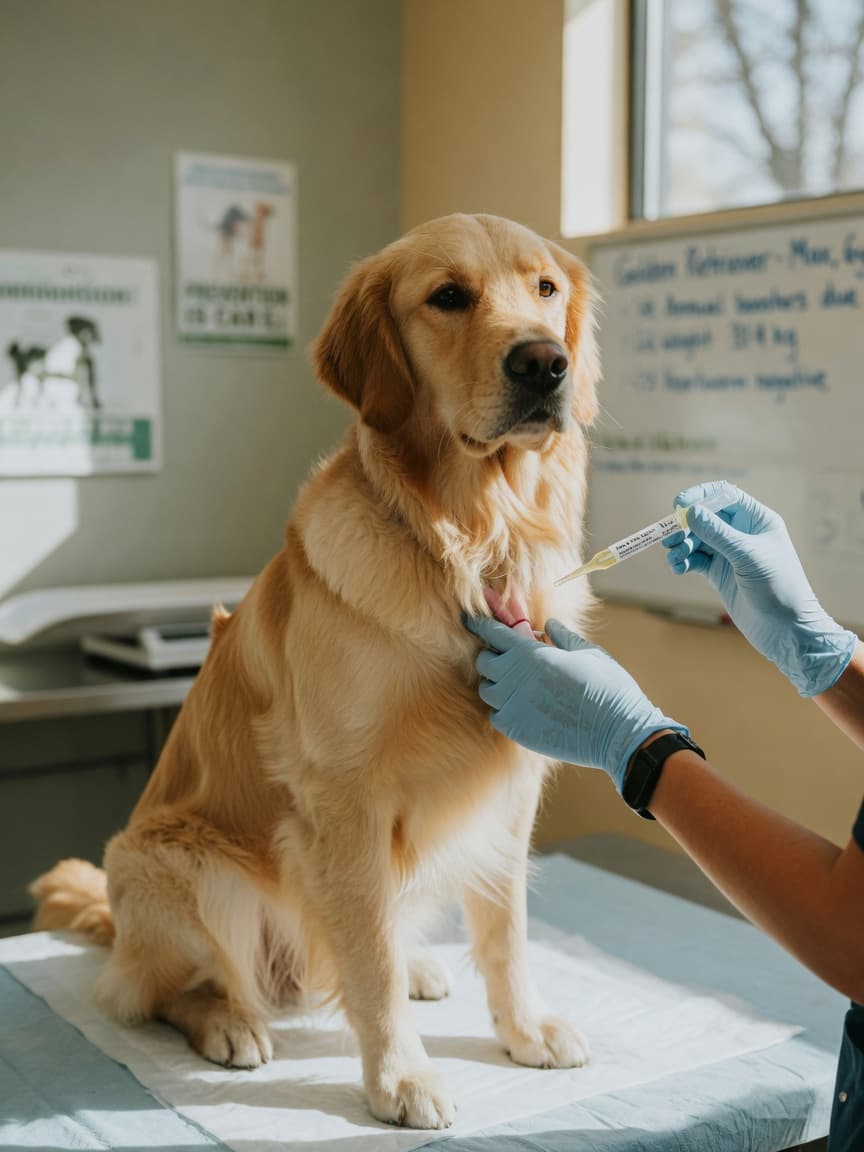 Veterinarian applying spot-on flea treatment to the back of a golden retriever's neck during a wellness visit