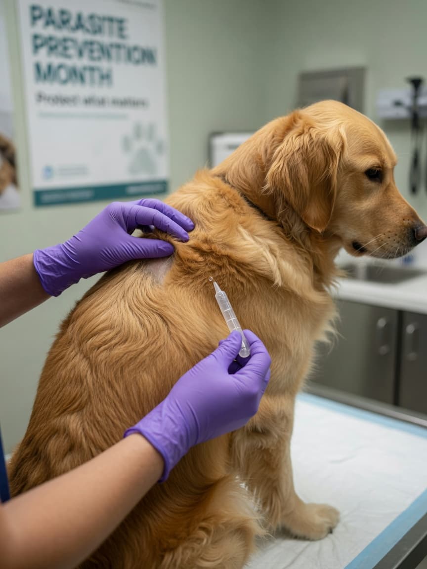 Veterinarian applying spot-on flea treatment to golden retriever's back during clinic appointment