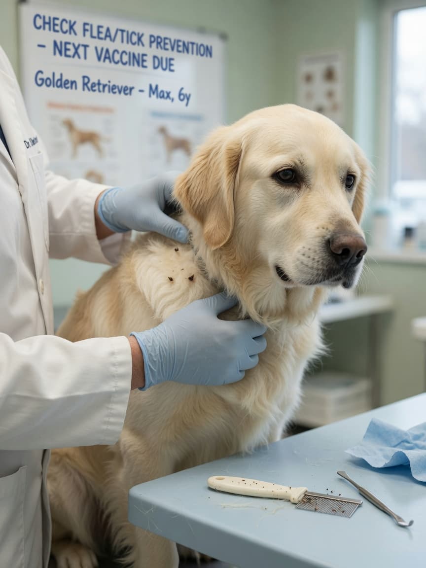 Veterinarian checking a golden retriever for fleas and ticks using a flea comb and tick removal tool