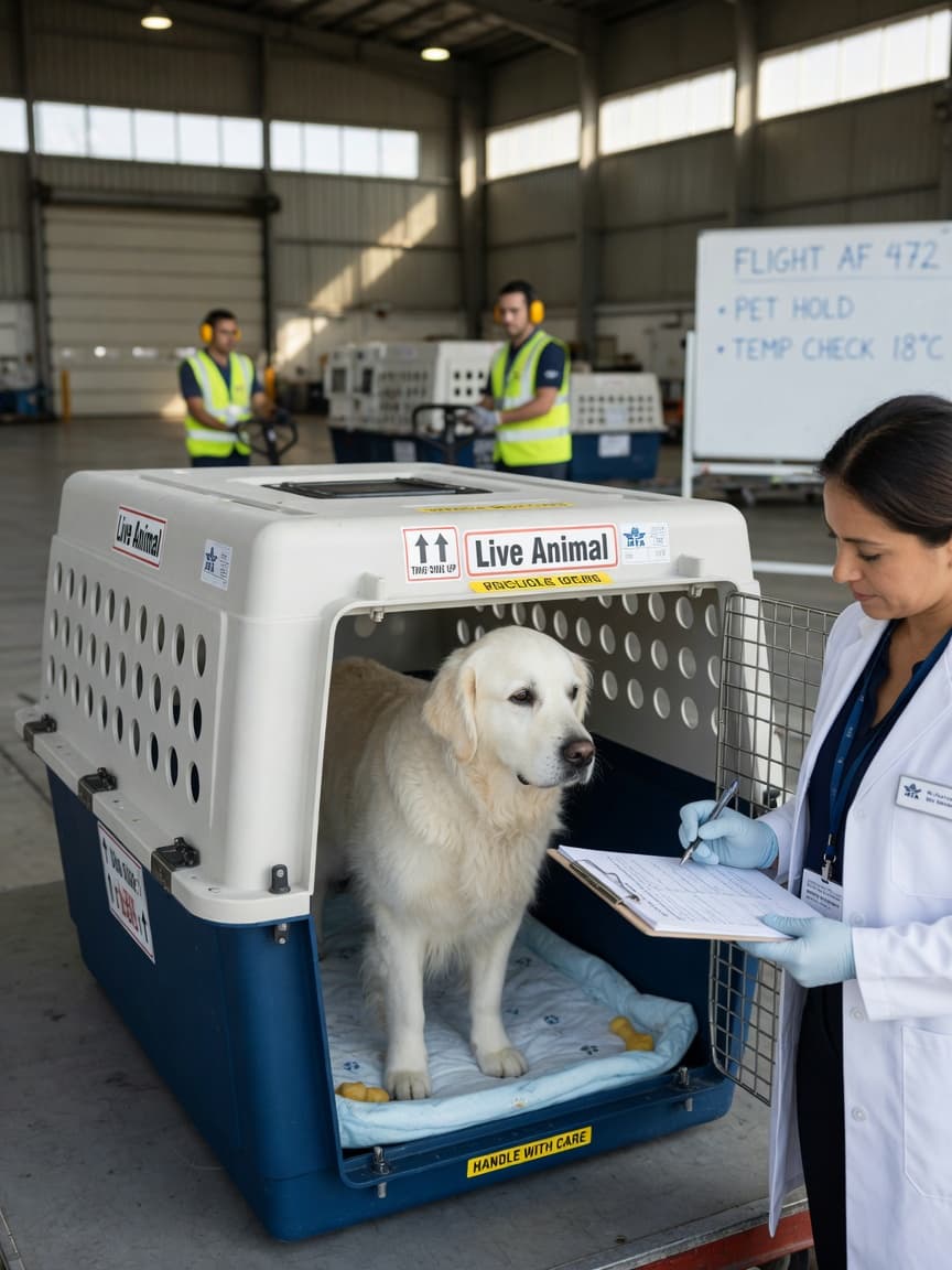 Golden Retriever inside an IATA-compliant airline cargo crate at an airport, with a veterinarian verifying crate specifications